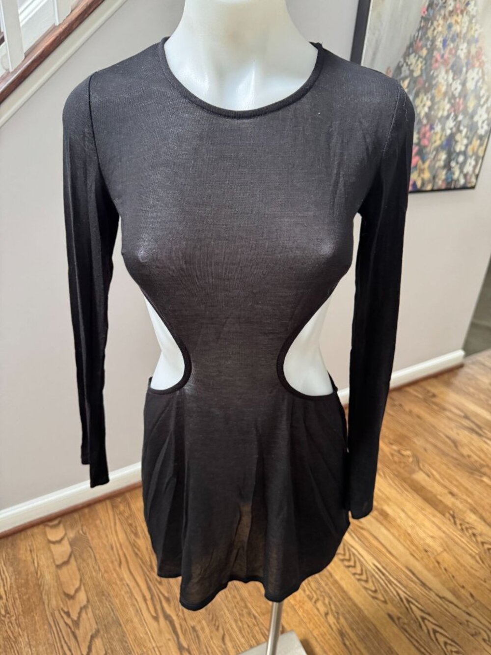 WEWOREWHAT Sheer Cut Out Long Sleeve Mini Dress Black Medium
